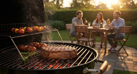 Delicious Steaks and Summer Grill - Friends enjoying a summer barbecue, grilling delicious steaks and vegetables. Symbolising friendship, relaxation, summer, food, and outdoor fun