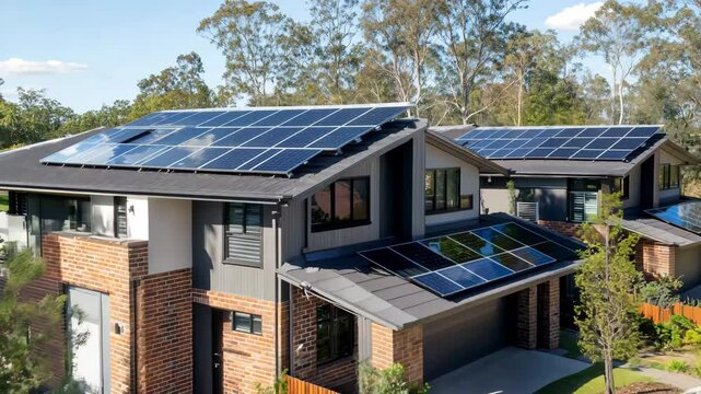 Two houses with solar panels on the roof. The houses are brick and have a modern design