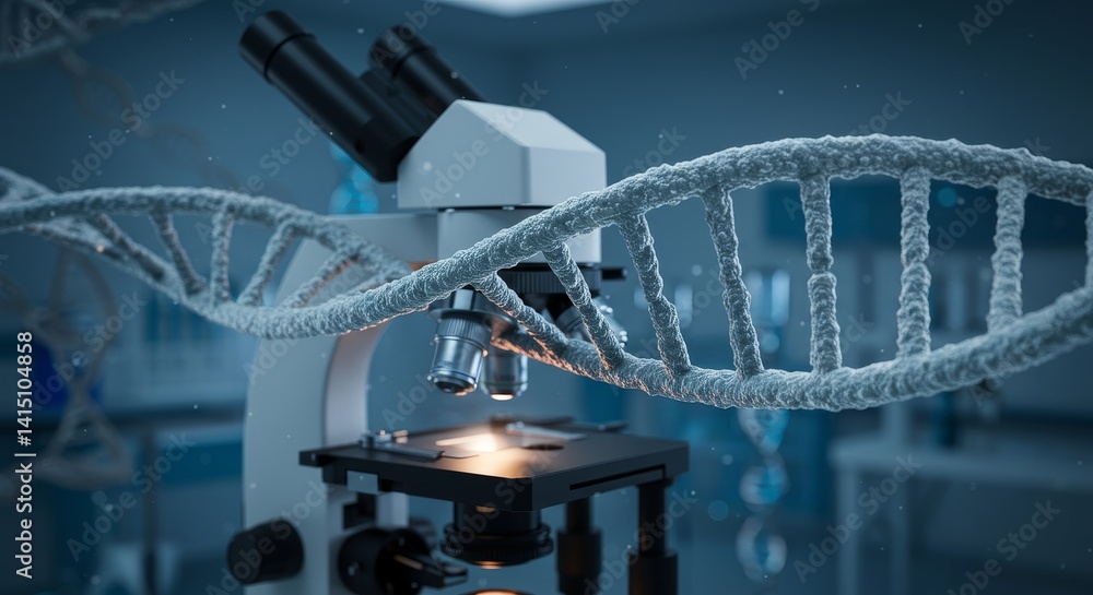 Poster dna structure research in controlled lab environment - close-up view of dna strand under microscope,