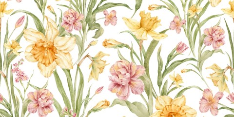 Delicate Watercolor Floral Seamless Pattern with Daffodils, Carnations, and Tulips