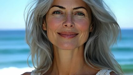 Elderly woman with medium-length gray hair laughing joyfully on the seashore. Perfect for themes of active aging, happiness, travel, freedom, and seaside retirement lifestyle
