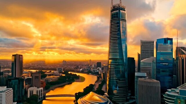 Cinematic 4K aerial drone shot soaring upward and forward over Melbourne, Australia's skyline at golden hour, capturing the yarra River, skyscrapers like Eureka Tower, and Federation Square in ultra-H