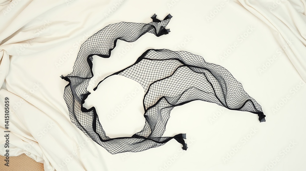 Poster black sheer fabric floats on white textile background creating abstract shapes.