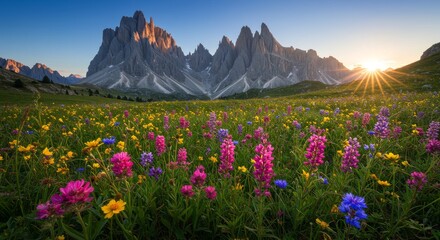 Fototapeta premium Dolomites Meadow Sunrise Wildflower Bloom - Majestic mountains, vibrant wildflowers, sunrise light, serene nature, summer beauty. Symbolizing peace, freedom, renewal, abundance, and tranquility