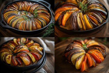 Collage of rustic Dutch oven vegetable bake featuring roasted zucchini, sweet potato, bell peppers