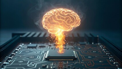 A glowing orange human brain emerges from a computer processor on a detailed circuit board, symbolizing artificial intelligence and technological advancement