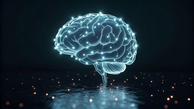 This stock photo features a stylized, neon blue representation of a human brain hovering over a surface that mirrors its bright light in a digital atmosphere