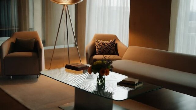 Modern Living Room Interior With Sofa, Armchair, Floor Lamp And Coffee Table