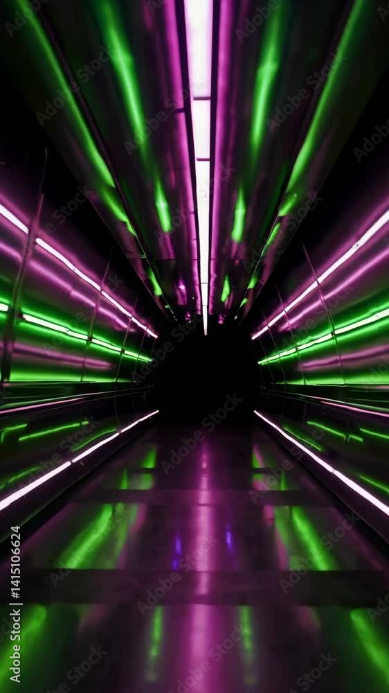 Poster dynamic neon tunnel transformation with vibrant color shifts and reflections
