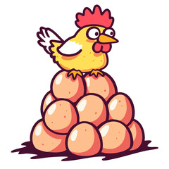 Small hen chicken sitting on a big pile of eggs, doodle cartoon character, kawaii isolated cute clean and simple vector illustration