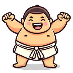 Happy sumo wrestler raised his hands as tournament fight winner, doodle cartoon character, kawaii isolated cute clean and simple vector illustration