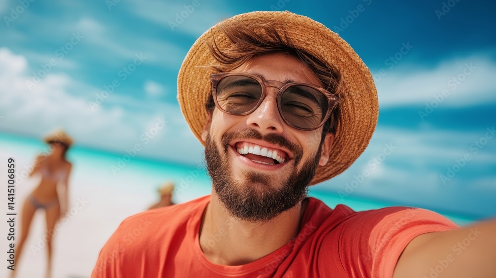 Poster man with a beard and sunglasses is smiling and wearing a straw hat. he is taking a selfie on the bea