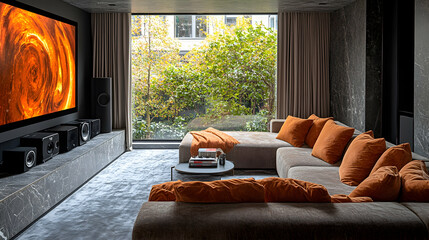 Modern home theater with large windows