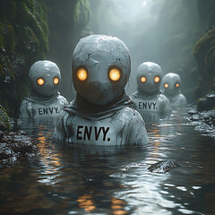 Surreal scene of glowing eyed figures submerged in water with ENVY written on their shirts

