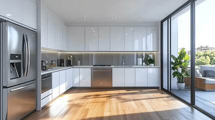 Modern kitchen with white cabinets wood floor and large window leading to an outdoor area