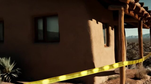 Grainy footage of a desert road, then a slow zoom on a modest Santa Fe-style house surrounded by police tape.
