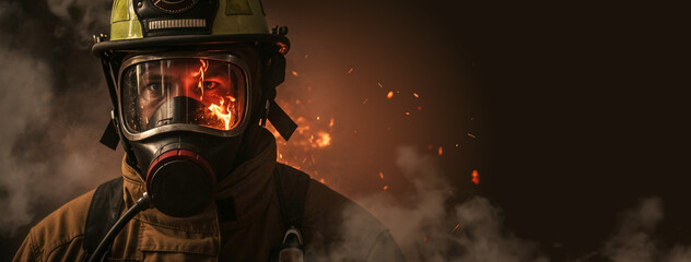 Firefighter in Protective Gear and mask Facing Fire close-up portrait wide picture