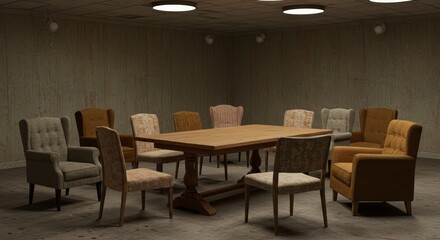 Fototapeta premium Empty Conference Room Table and Chairs - A long wooden table surrounded by empty chairs in a dimly lit room. Simple, yet effective