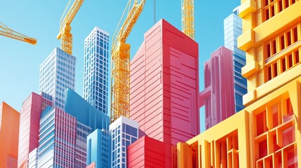 Vibrant Cityscape: A Colorful Architectural Landscape with Construction Cranes