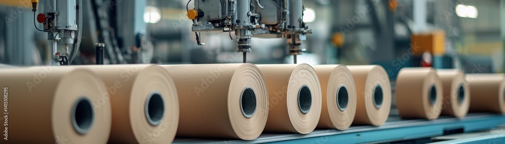 Poster a close-up view of a manufacturing process featuring large rolls of paper on an assembly line in a f