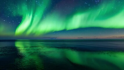 Spectacular northern lights dancing across the night sky over calm water. The aurora borealis shifts from vibrant green waves to vertical streaks, creating reflections on the dark water surface below. - Powered by Adobe