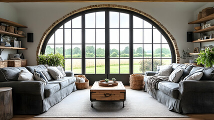 Rustic living room with large arched window