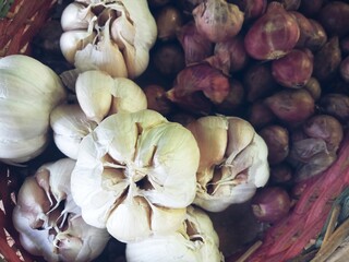 Fresh Garlic Bulbs with Red Onions – Close-Up of Culinary Ingredients