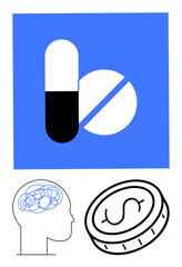 Capsule and tablet on blue square, brain with tangled lines, and dollar coin outline. Ideal for mental health, healthcare, treatment cost, pharmaceutical, decision-making, innovation simple landing
