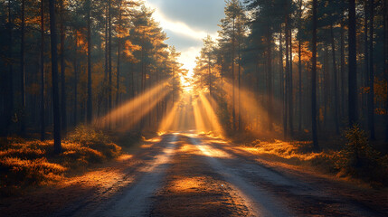 Obraz premium Sunlight streams down a path through a dense forest casting long shadows and highlighting the trees and the path itself