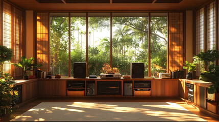 Obraz premium Tranquil Room with Lush Garden View