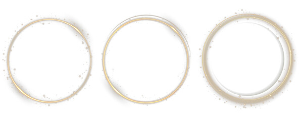 Sparkling stardust ring forms abstract celestial energy frame. Vector gold line flows dynamically like optic fiber twist. Shining arc creates elegant motion for digital design. Glitter dust sparkle