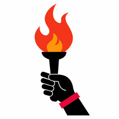 Halftone hand holding torch with burning fire vector on white background.