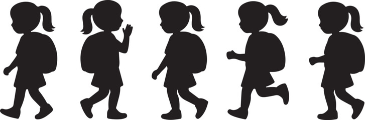  Black silhouette illustrations of a young girl walking with a backpack, depicted in different walking poses. Ideal for educational, student, and back-to-school-themed projects, symbolizing student li