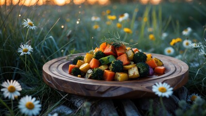 Roasted Vegetables on Wood Plate in Meadow