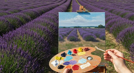 Artist palette painting lavender field landscape outdoors concept