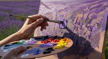 Artist painting lavender landscape with palette knife, closeup on palette