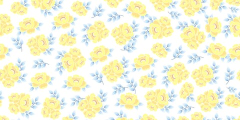 Beautiful Yellow Floral Pattern with Delicate Blue Leaves on White Background