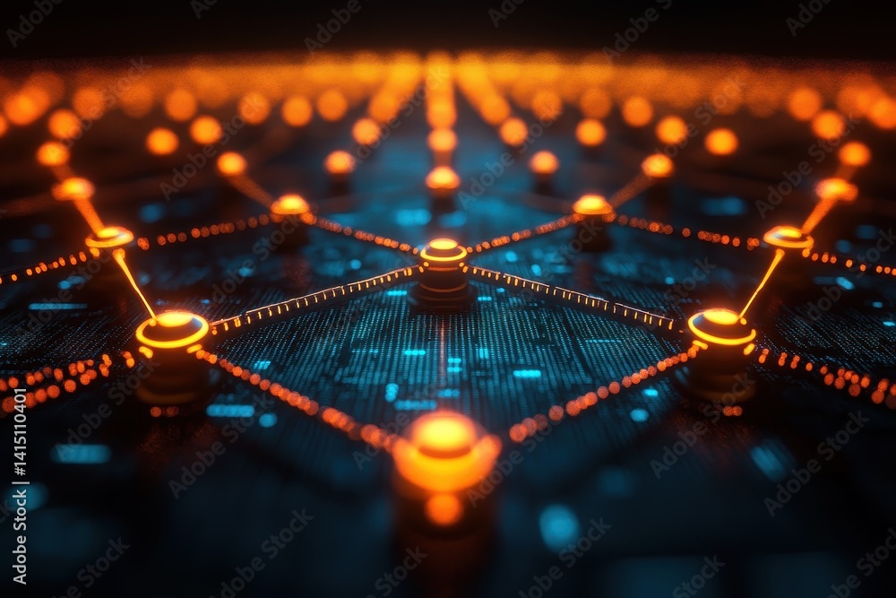 Poster network of glowing nodes interconnected over a digital grid representing advanced technology and dat