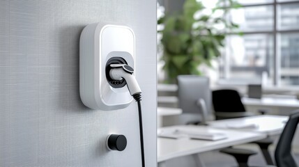 A sleek electric vehicle charger mounted on a wall, set in a modern office environment with greenery and minimalistic design.