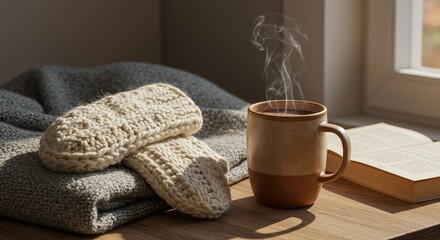 nitted mittens and a steaming mug of hot drink on a blanket