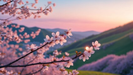 Blooming Cherry Tree at Sunset Over Green Hills Landscape