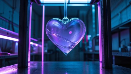 Glass heart sculpture in moody laboratory setting with neon lighting