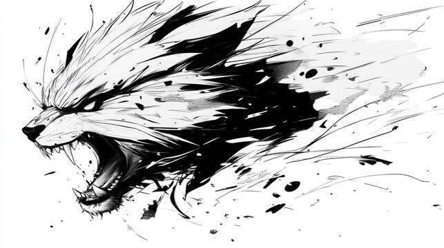 Fierce, stylized wolf portrait in black and white, showcasing a roaring expression.  Dynamic, abstract style