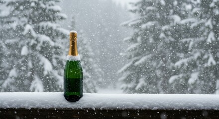 Champagne bottle in the snow against winter forest background