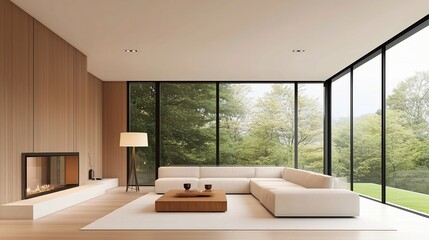Fototapeta premium Modern Minimalist Living Room with Fireplace and Natural Light