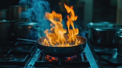 Flaming pan on a gas stove in a professional kitchen.