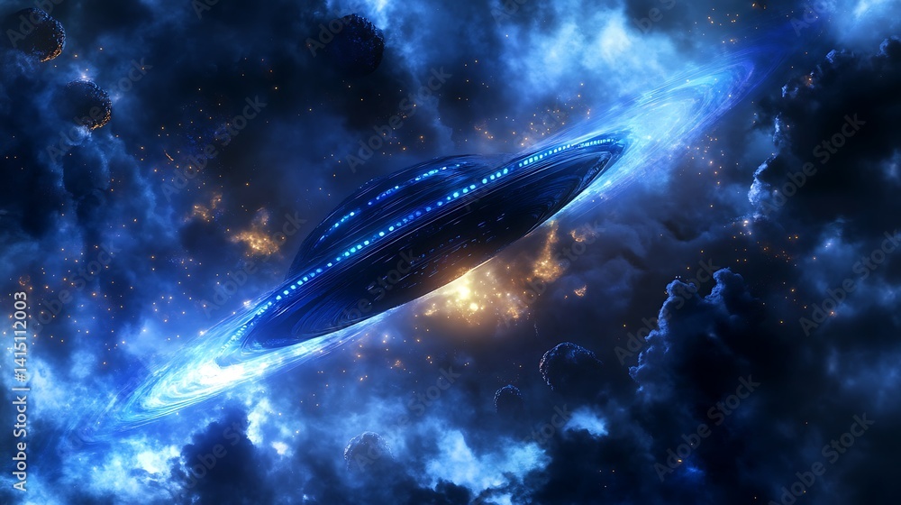 Poster a dynamic depiction of an advanced civilization exploring a vibrant alien ocean filled with glowing 