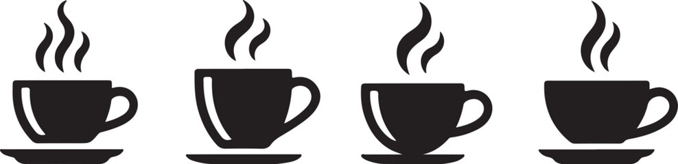  Vector black coffee cups with steam, perfect for hot drinks, cafe logos, food-related visuals, and beverage icons. Simple and minimalistic design for coffee-themed graphics.

