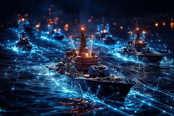 Dark navy ships sail connected by glowing blue network lines at night.  Perfect for military, technology, or futuristic themes.