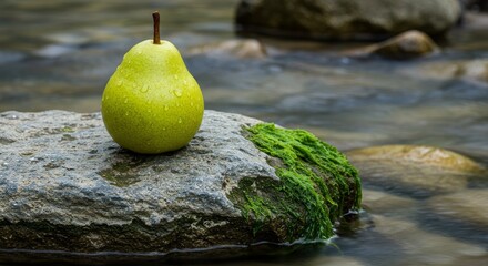 Green pear with water drops on a wet mossy rock by a stream